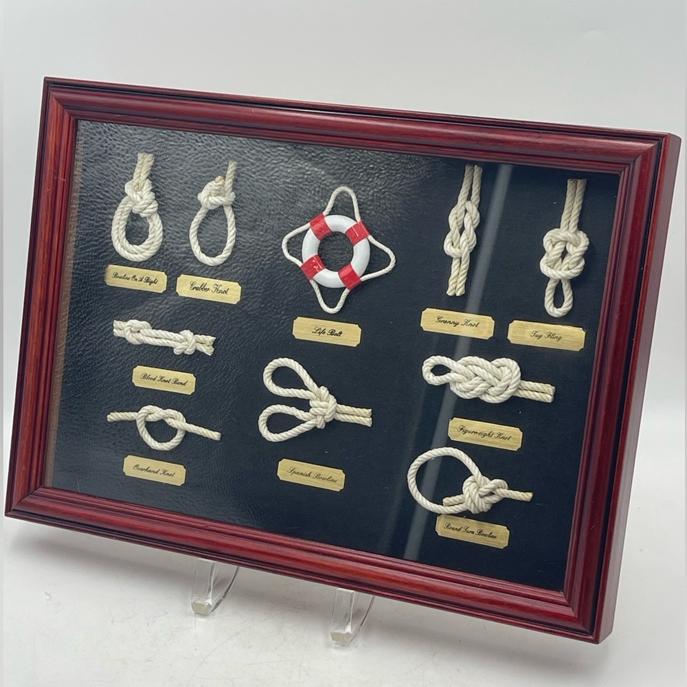 Nautical Themed Wall Art Wood Shadow Box w/ 10 Mounted Marine Sailor Rope Knots